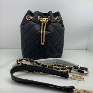 CHANEL VIP GWP Black Quilted Bucket Bag with Gold Chain Detail